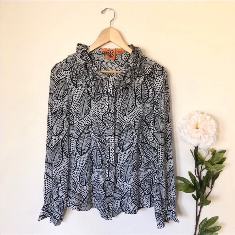 Tory Burch Black and White Leaf Print Blouse